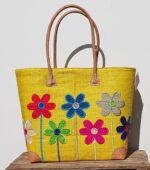 Madam Græskar bast kurvetaske - Gul m. blomster motiv