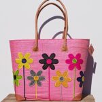 Madam Græskar bast kurvetaske - Lyserød m. blomster motiv