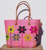 Madam Græskar bast kurvetaske - Lyserød m. blomster motiv