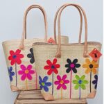 Madam Græskar bast kurvetaske - Natur m. blomster motiv