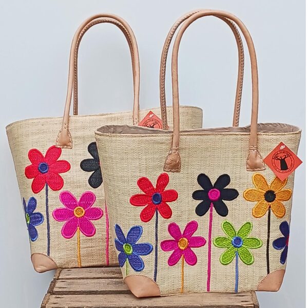 Madam Græskar bast kurvetaske - Natur m. blomster motiv - Billede 2