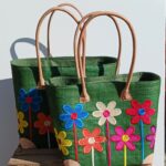 Madam Græskar bast kurvetaske - Grøn m. blomster motiv