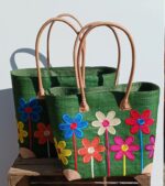 Madam Græskar bast kurvetaske - Grøn m. blomster motiv