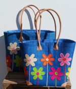 Madam Græskar bast kurvetaske - Mørk Blå m. blomster motiv