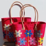 Madam Græskar bast kurvetaske - Rød m. blomster motiv