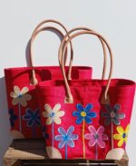 Madam Græskar bast kurvetaske - Rød m. blomster motiv