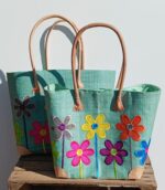 Madam Græskar bast kurvetaske - Turkis m. blomster motiv